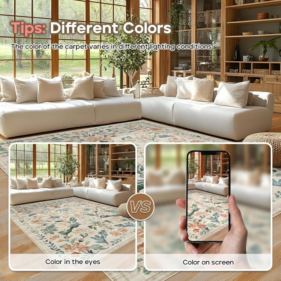 8x10 Area Rugs Washable Rug: Lagre Boho Living Room Rug Soft Anti-Skid Thin Carpet Indoor Floor Non-Shedding Neutral Floral Carpets for Bedroom Dining Room Farmhouse Nursery Beige