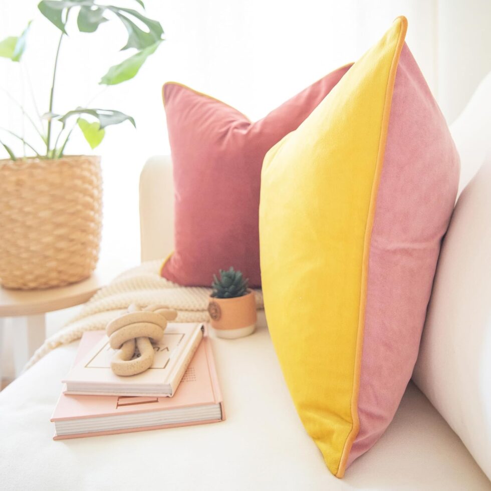 MONDAY MOOSE Decorative Throw Pillow Covers Cushion Cases, Set of 2 Soft Velvet Modern Double-Sided Designs, Mix and Match for Home Decor, Pillow Inserts Not Included (18x18 inch, Yellow/Pink)