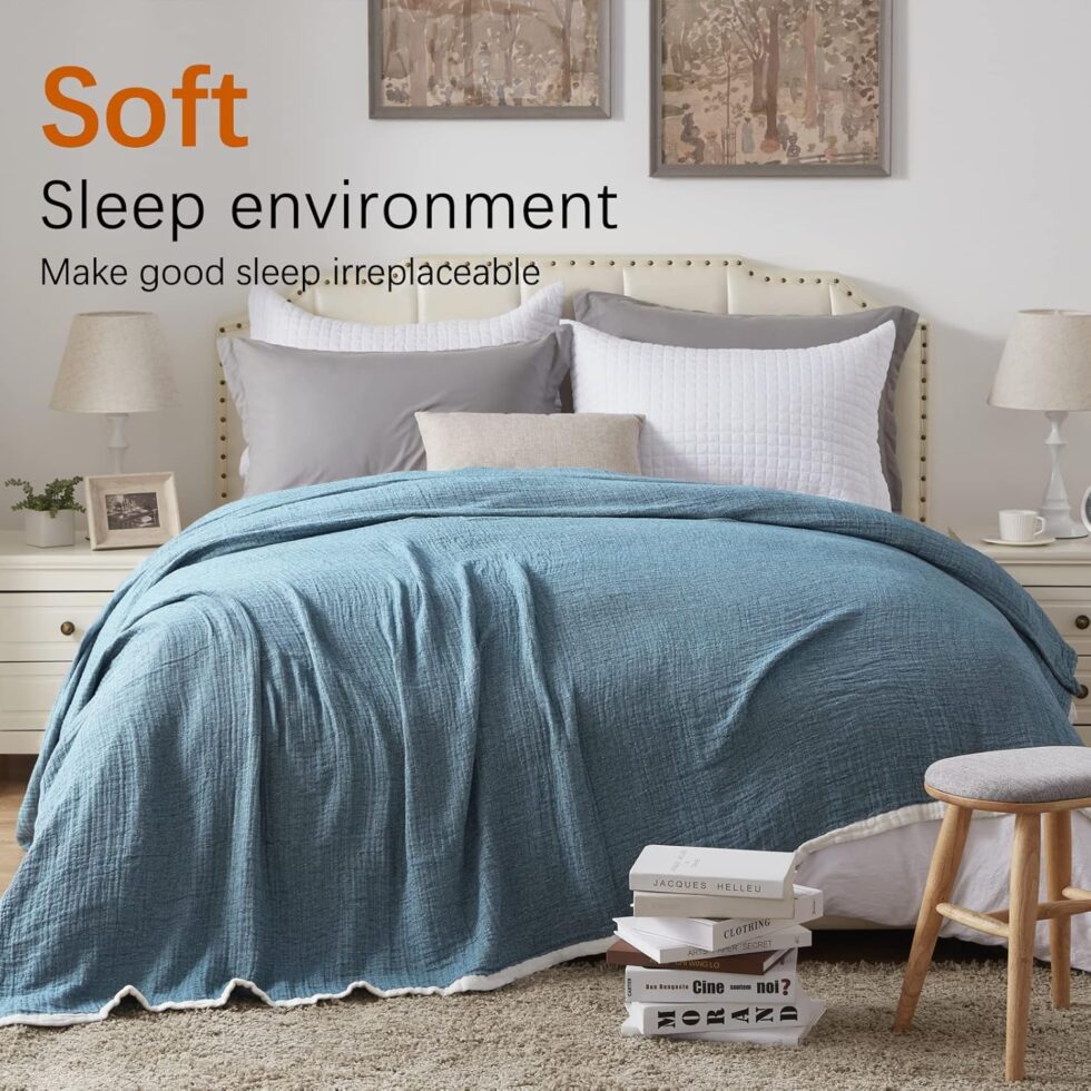 SE SOFTEXLY Cotton Muslin Throw Blanket for Adults,Breathable 4-Layer Yarn Dyed Linen Texture Gauze Blanket for Bed Sofa Couch,Super Soft Light Weight Blanket for All Season（50"x60",Vintage Blue）