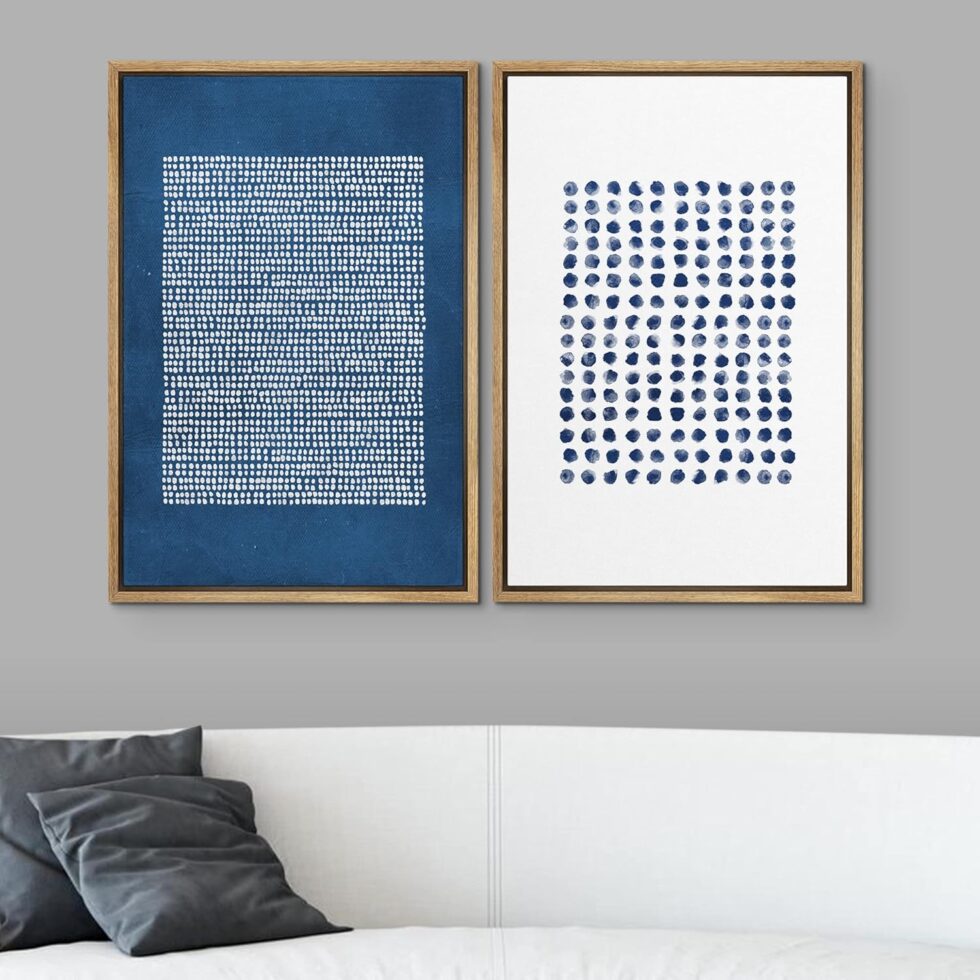 SIGNWIN Framed Canvas Print Wall Art Set Navy Blue White Geometric Dot Collage Abstract Shape Illustration Modern Art Decorative Nordic Multicolor for Living Room, Bedroom, Office - 16"x24"x2 Natural