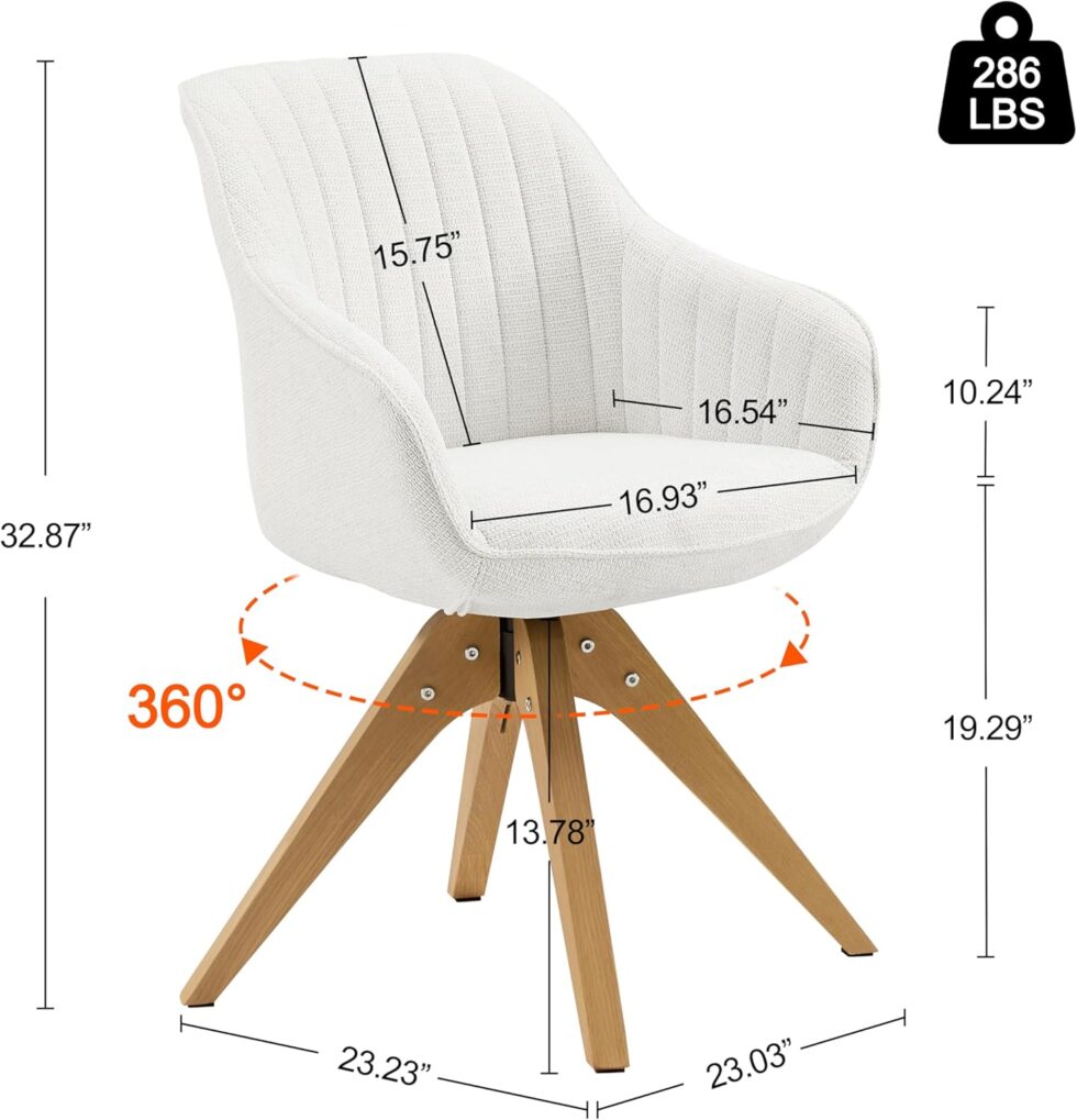 Art Leon Mid Century Modern Swivel Accent Chair - Fabric Upholstered Armchair with Natural Oak Wood Legs, Desk Chair No Wheels, Off White