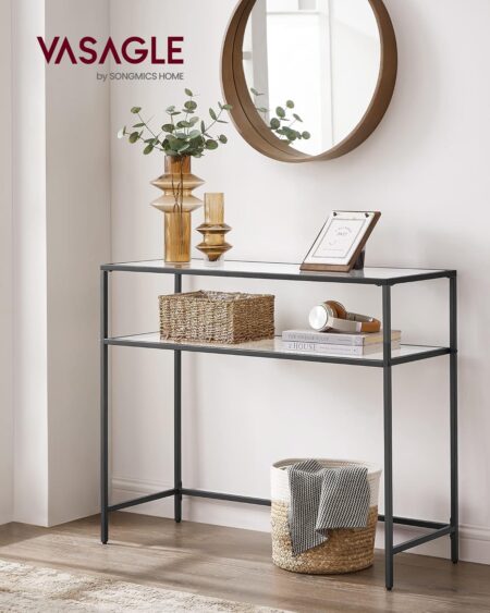 VASAGLE 39.4 Inch Console Sofa Table, Modern Entryway Table, Tempered Glass Table, Metal Frame, 2 Shelves, Adjustable Feet, for Living Room, Hallway, Black ULGT025B01