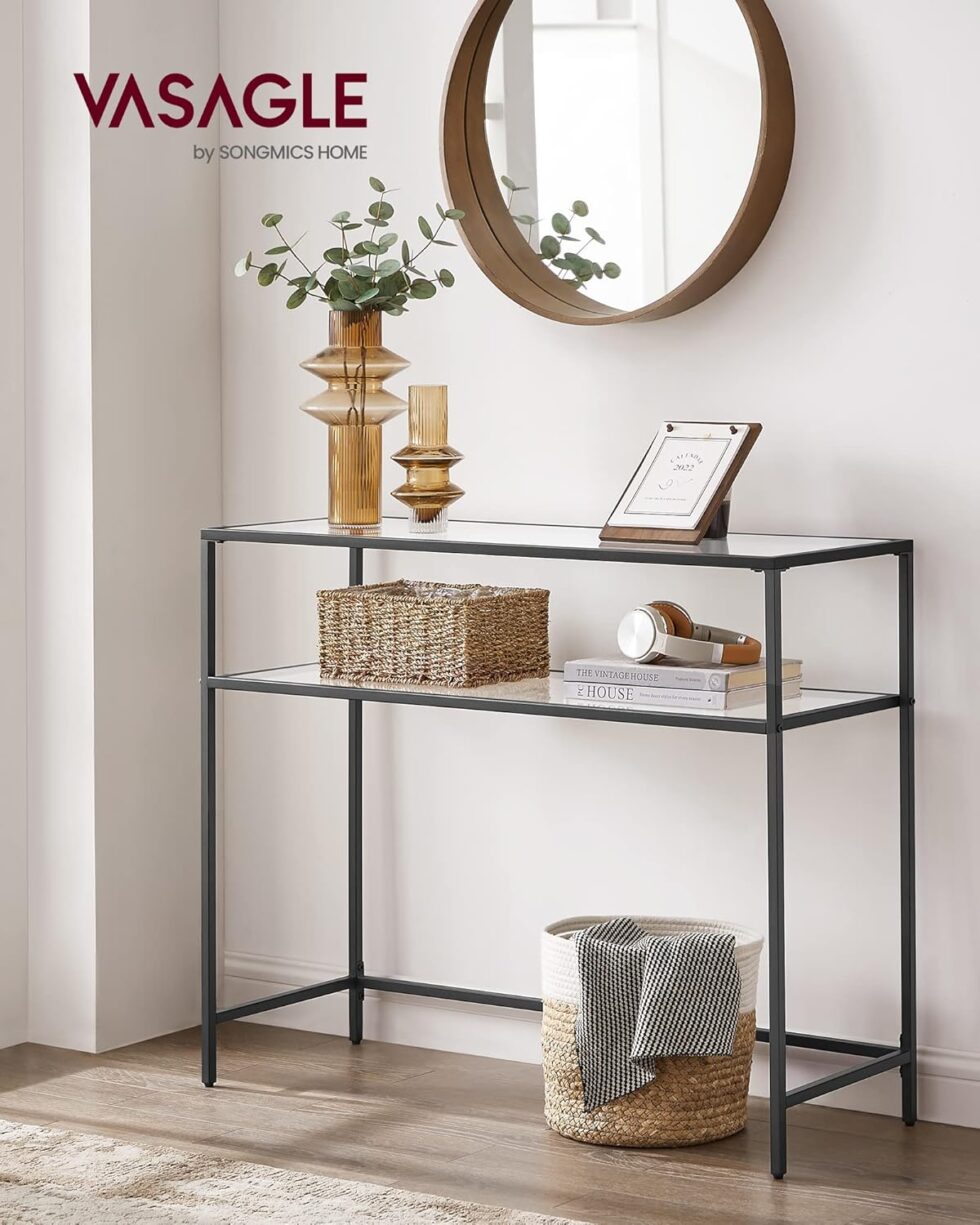 VASAGLE 39.4 Inch Console Sofa Table, Modern Entryway Table, Tempered Glass Table, Metal Frame, 2 Shelves, Adjustable Feet, for Living Room, Hallway, Black ULGT025B01