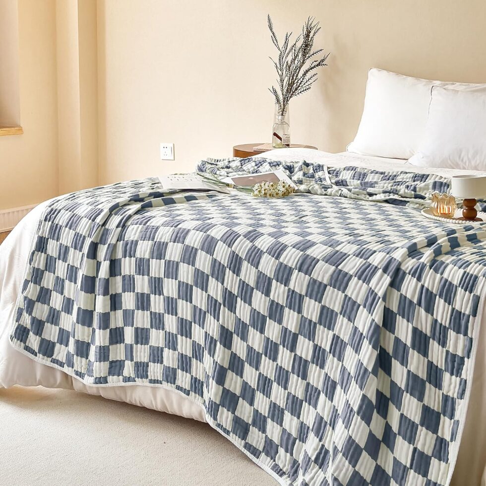 6-Layer Gauze Muslin Blanket 100% Cotton Blue Checkerboard Queen Size 90"x90" Cooling Throw Blanket Lightweight Soft and Breathable Cozy Blanket Bed Coverlet Both Sides (Blue Checkerboard, Queen)