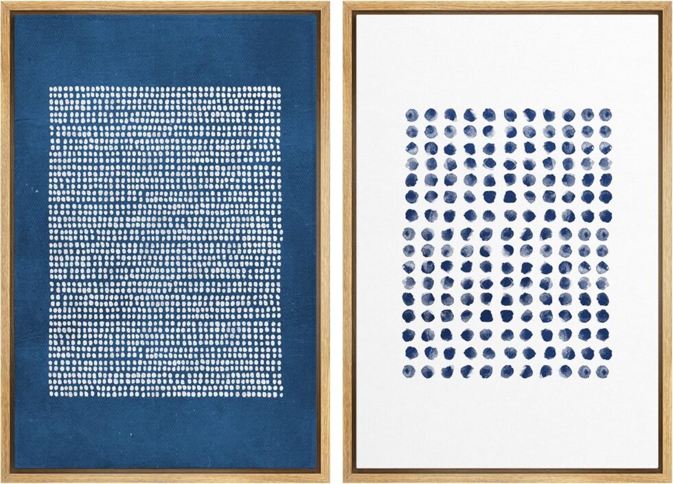 SIGNWIN Framed Canvas Print Wall Art Set Navy Blue White Geometric Dot Collage Abstract Shape Illustration Modern Art Decorative Nordic Multicolor for Living Room, Bedroom, Office - 16"x24"x2 Natural