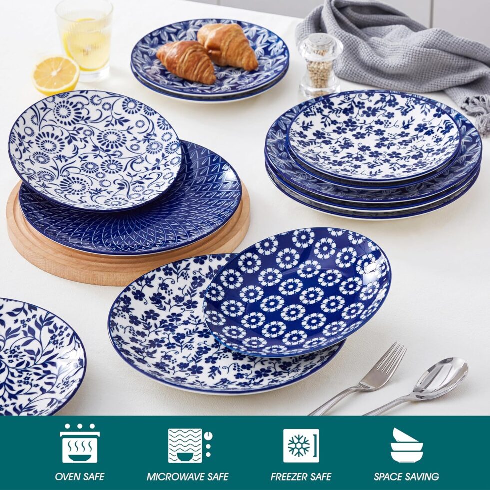 vancasso Ceramic Dinner Plates Set of 6, Large Vintage Plates 10.25 Inch Set of 6 for Kitchen, Porcelain Blue and White Plates for Kitchen, Microwave Oven Dishwasher Safe, Vintage Gift, Blue