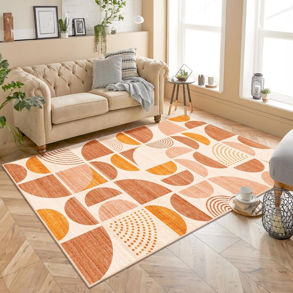 MUJOO Boho Rug Washable,4x6.5 Area Rugs for Bedroom Living Room Bedside Office,Throw Floor Carpet Non Slip Soft Indoor Modern Abstract Bohemian Orange