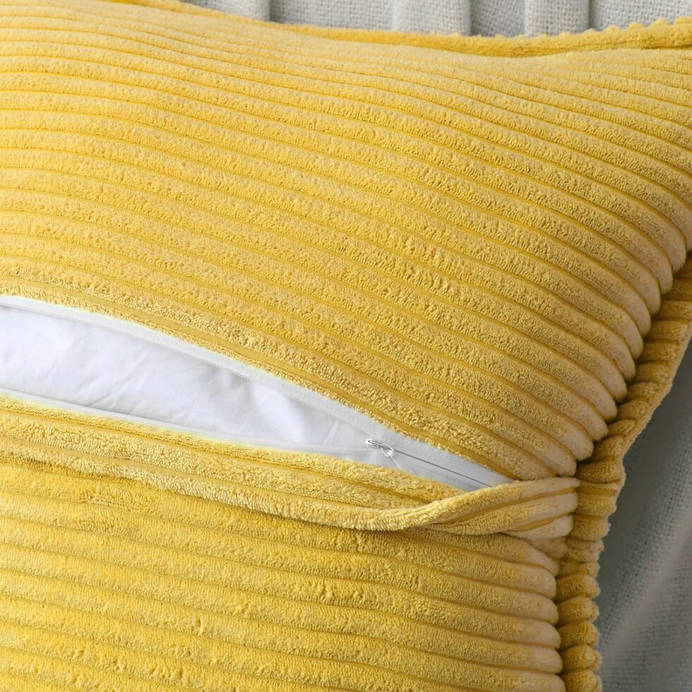 HAUSSY Mustard Yellow Throw Pillow Covers 20x20 Inch Set of 2,Soft Solid Corduroy Striped/Wide Bordered,Square Decorative Cushion Case,Spring Home Decorations for Couch,Bed