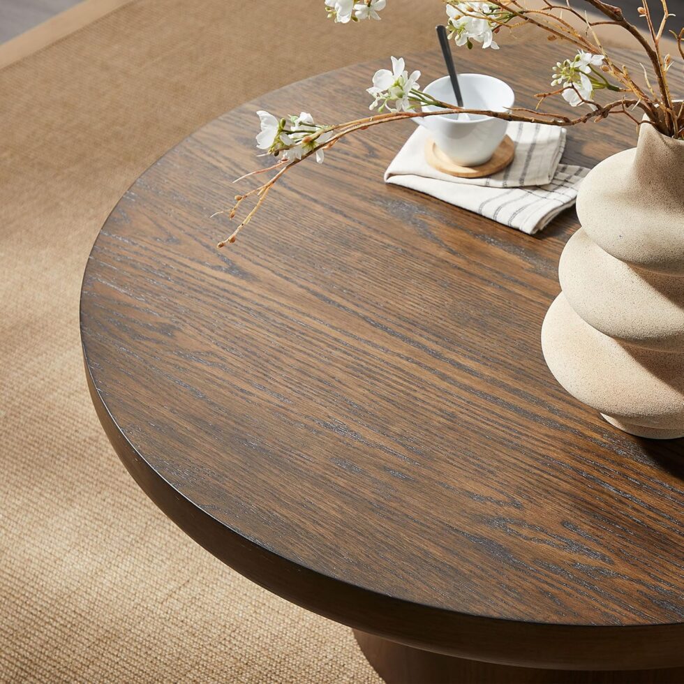 WILLIAMSPACE 35.98" Round Coffee Table with Cylindrical Base, Modern Wood Drum Center Table, Accent Side End Table for Living Room Apartment, φ35.98"*15.98"H (Dark Brown)