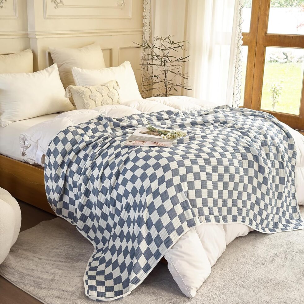 6-Layer Gauze Muslin Blanket 100% Cotton Blue Checkerboard Queen Size 90"x90" Cooling Throw Blanket Lightweight Soft and Breathable Cozy Blanket Bed Coverlet Both Sides (Blue Checkerboard, Queen)