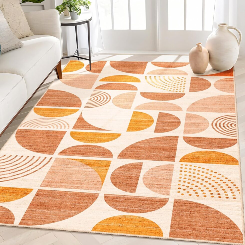 MUJOO Boho Rug Washable,4x6.5 Area Rugs for Bedroom Living Room Bedside Office,Throw Floor Carpet Non Slip Soft Indoor Modern Abstract Bohemian Orange