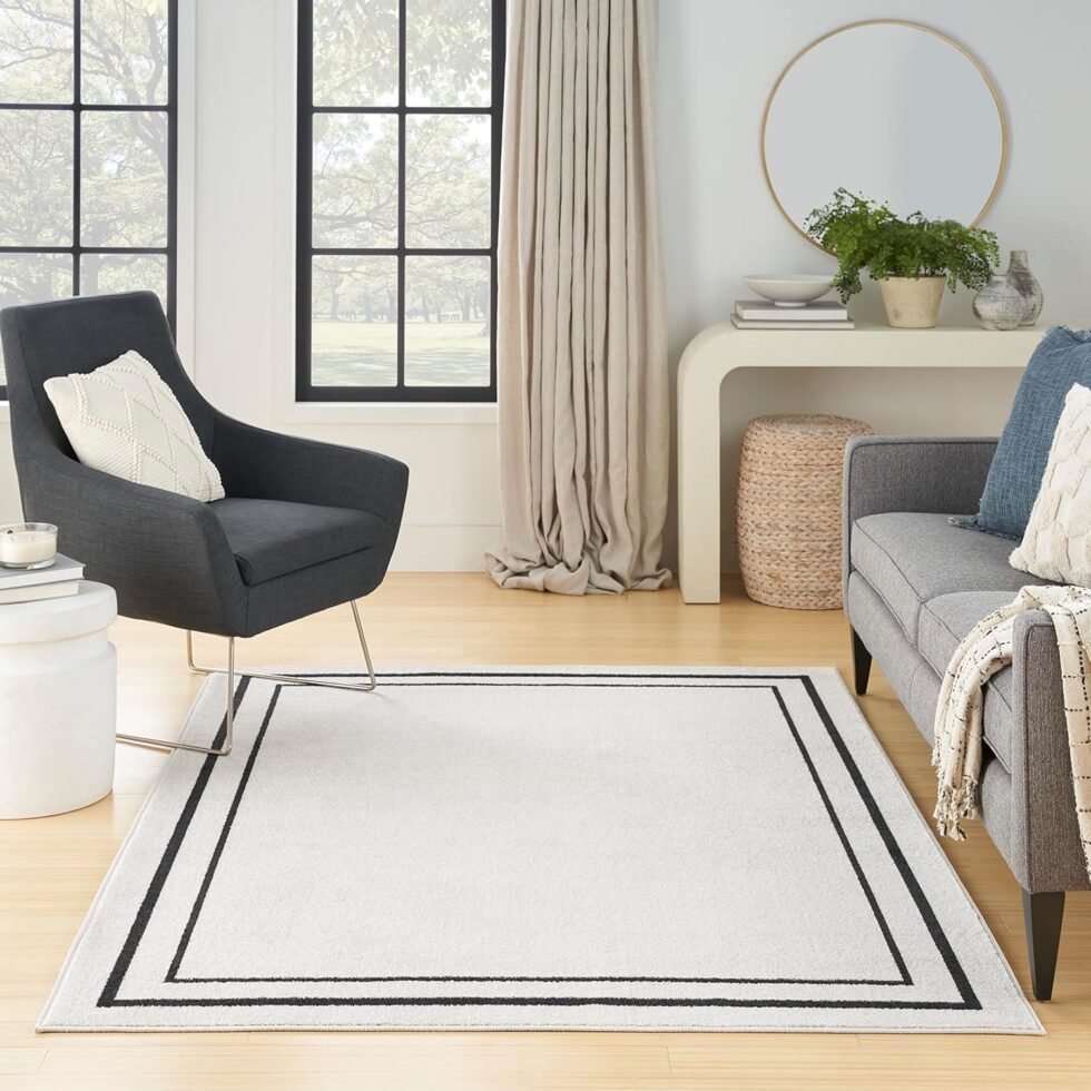 Nourison Home Essentials Indoor/Outdoor Ivory/Black 6' x 9' Area -Rug, Easy -Cleaning, Non Shedding, Bed Room, Living Room, Dining Room, Backyard, Deck, Patio (6x9)