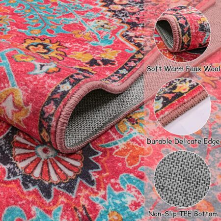 Wonnitar Boho Area Rug, Washable 3x5 Rug for Bedroom Hot Pink Floral Bathroom Throw Rug Non-Slip Vintage Bath Math, Oriental Soft Indoor Carpet for Entry Nursery Girls Room (Hot Pink,3'x5')