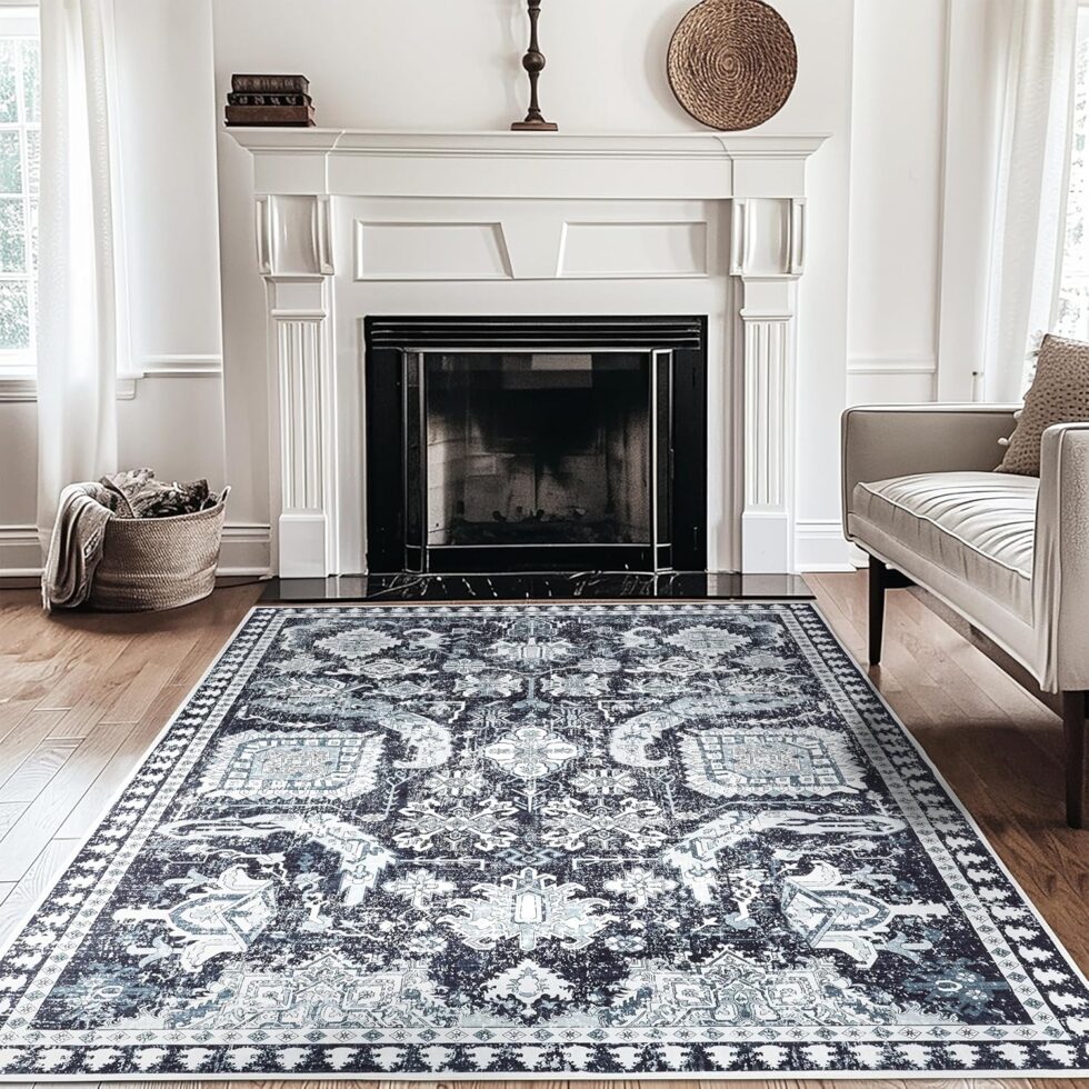 5x7 ft Area Rug - Washable Non-Slip Indoor Rug for Bedroom, Living Room, Kitchen, Office, Entryway - Soft Boho Black & White Design, Kids-Friendly, Runner Rug