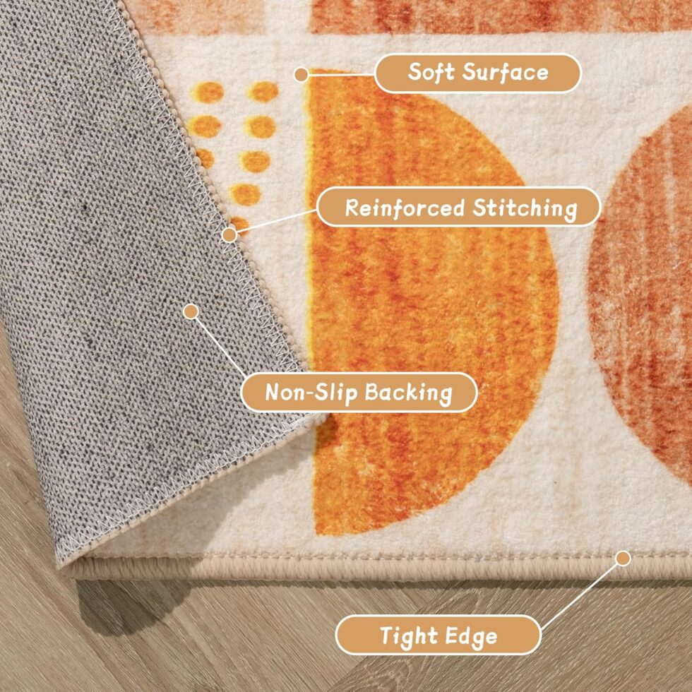 MUJOO Boho Rug Washable,4x6.5 Area Rugs for Bedroom Living Room Bedside Office,Throw Floor Carpet Non Slip Soft Indoor Modern Abstract Bohemian Orange