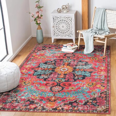 Wonnitar Boho Area Rug, Washable 3x5 Rug for Bedroom Hot Pink Floral Bathroom Throw Rug Non-Slip Vintage Bath Math, Oriental Soft Indoor Carpet for Entry Nursery Girls Room (Hot Pink,3'x5')