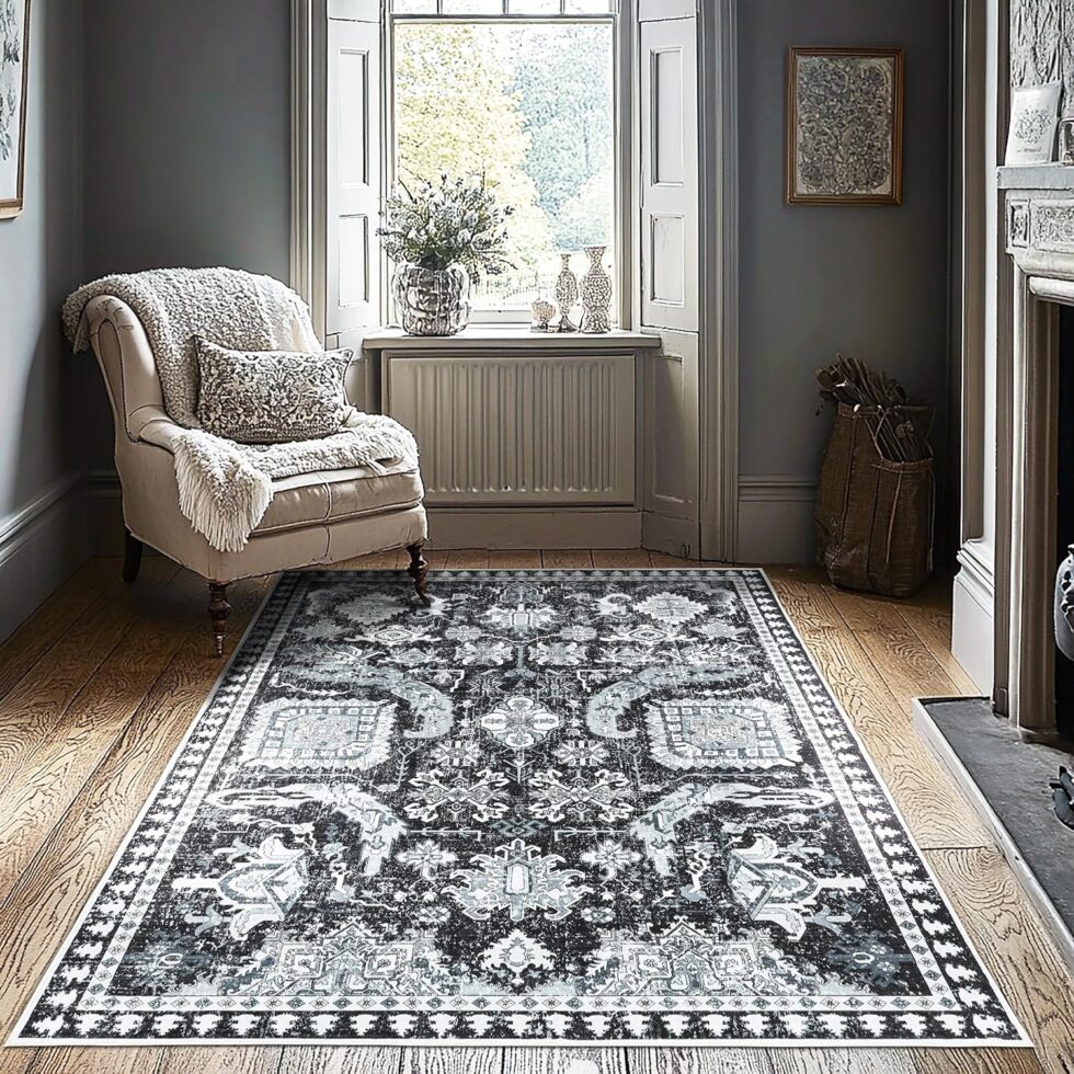 5x7 ft Area Rug - Washable Non-Slip Indoor Rug for Bedroom, Living Room, Kitchen, Office, Entryway - Soft Boho Black & White Design, Kids-Friendly, Runner Rug